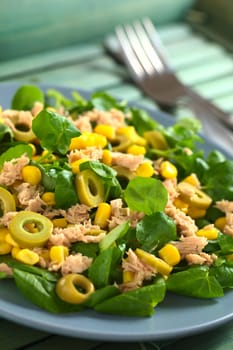 Fresh tuna, sweetcorn, green olive and watercress salad with fork and knife in the back (Selective Focus, Focus in the middle of the salad) 