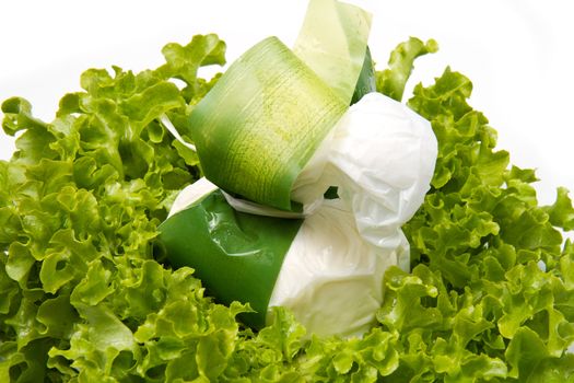 Burrata on salad on white background