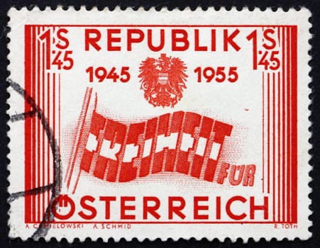 AUSTRIA - CIRCA 1955: a stamp printed in the Austria shows Letters forming Flag, 10th Anniversary of Austria's Liberation, circa 1955