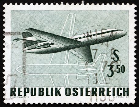 AUSTRIA - CIRCA 1968: a stamp printed in the Austria shows Twin-engine Jet Airliner, circa 1968