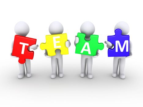 Four 3d persons holding puzzle pieces that form the word team