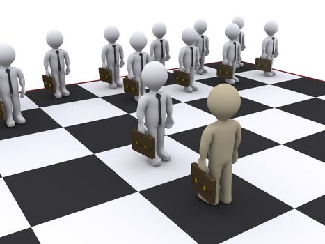 3d businessmen as pawns on chessboard