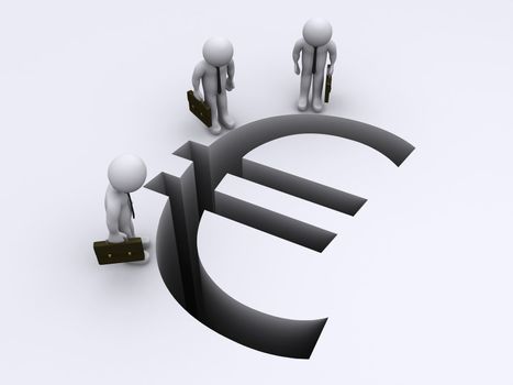 3d businessmen looking down to Euro sign gap