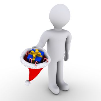 3d person showing hat with present and candies