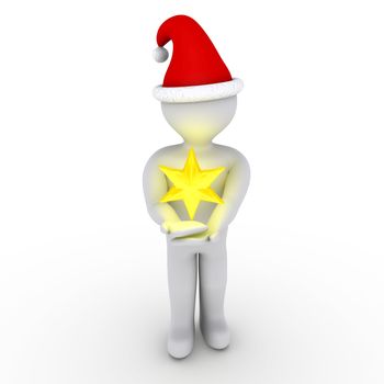 3d person with Christmas hat is holding carefully a yellow star
