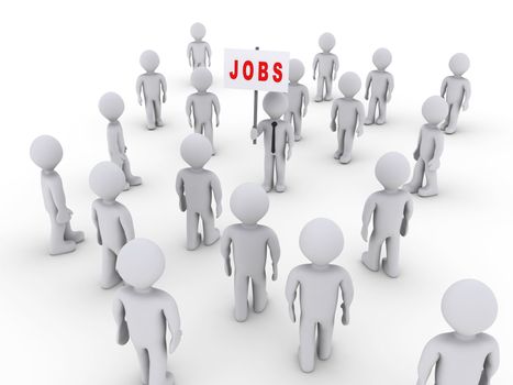 Many 3d people walking towards one holding a job sign