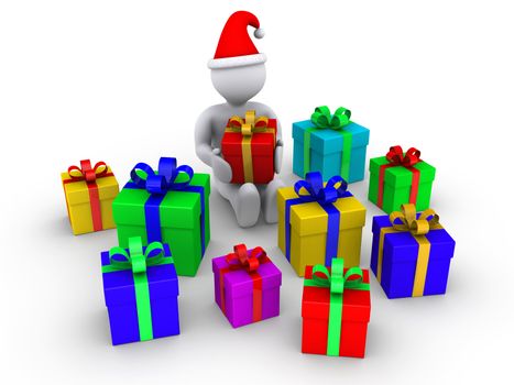 3d person holding a present is surrounded by other presents