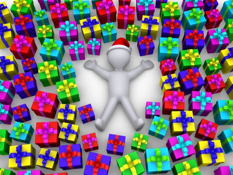 3d person lying on the ground with many presents around him