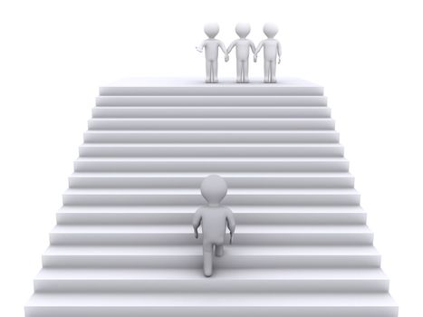 3d person climbing stairs to join three people waiting at the top