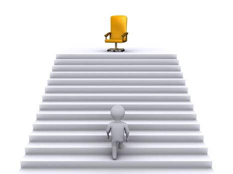 3d person climbing stairs to reach a golden chair