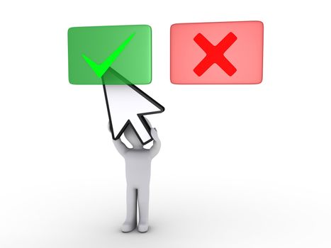 3d person holding a cursor is selecting the green panel than the red