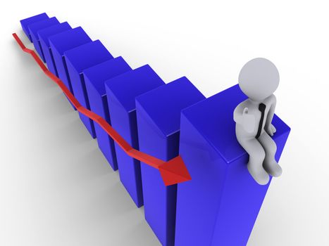 3d person sitting on top of blue chart with red arrow