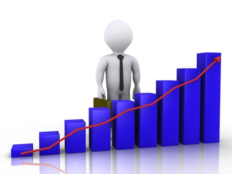 3d businessman is standing behind a blue chart with arrow