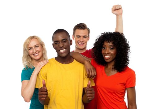 Group of friends enjoying themselves isolated against white background