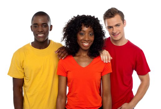 College friends posing in casuals. Cheerful group. All on white background