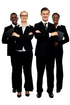 Full length shot of business team posing with crossed arms on white background