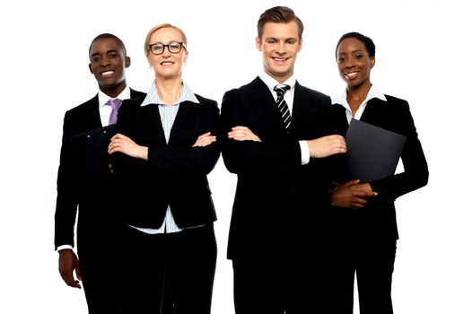 A group of young attractive business people isolated over white background