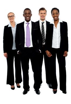 Full length portrait of business colleagues posing against white background