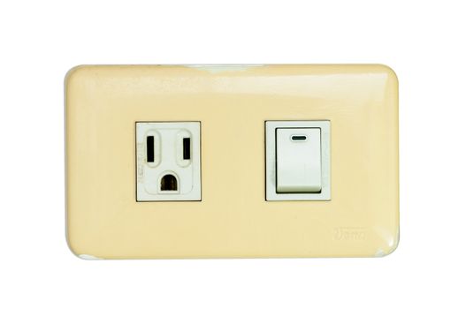 Old multi power combination light switch and power outlet isolated on white