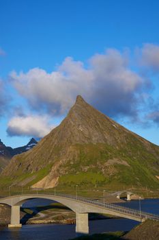 Scenic bridges on Lofoten islands in Norway connecting islands of Flakstadoya and Moskenesoya
