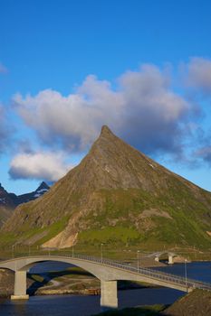 Scenic bridges on Lofoten islands in Norway connecting islands of Flakstadoya and Moskenesoya