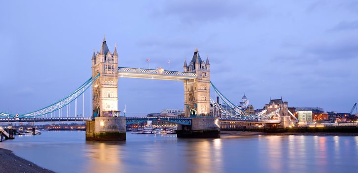 Panorama of Tower Bridge at dusk London England UK