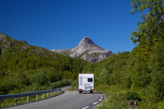 Camping car on roadtrip across Lofoten islands in Norway