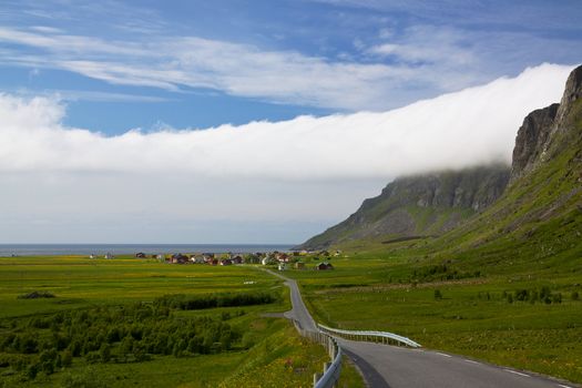 Picturesque view of Unstad on Lofoten islands in Norway during short arctic summer