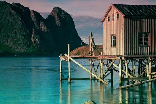 Old fishing port by the fjord on Lofoten islands in Norway