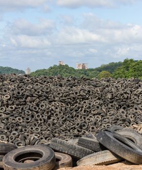 Heap of old Tires  in recycling plant in Thailand