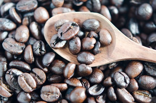 Close-up  of coffee beans and wooden spoon
