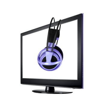 modern lcd with stereo headphones isolated on white