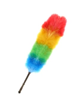 Soft colorful duster with plastic handle isolated on white