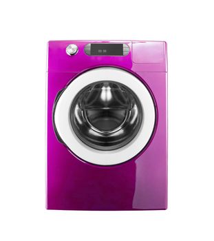 pink washing machine isolated on white background