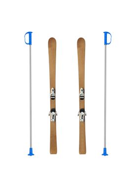 Pair of old wooden alpine skis isolated