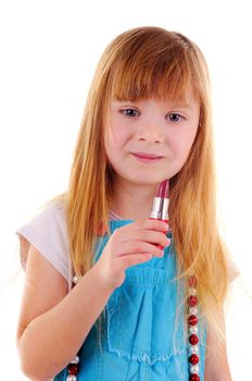Small blonde girl with lipstick on white background
