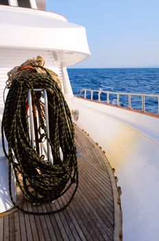 Bundle of rope on marine yacht on the sea