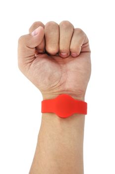 RFID  Bracelet on his arm on a white background