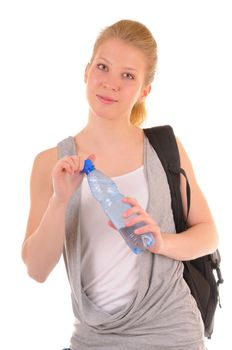 Nice girl in casual style with bottle with clear water isolated on white background