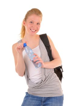 Nice smiling girl in casual style with bottle with clear water isolated on white background