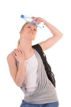Beauty casual girl try to cool down by plastic bottle with water, isolated on white background