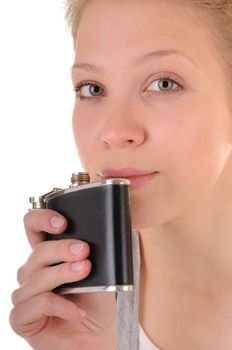 Beauty blonde girl with flask is looking in the camera