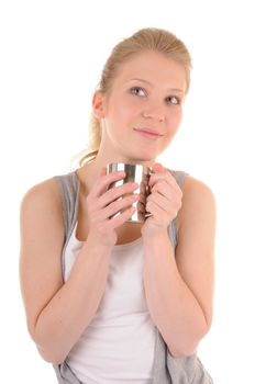 Casual blonde girl with metal cup is looking up and lovingly smile, isolated on white background
