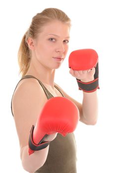Portrait of a girl with red boxing gloves isolated on white background