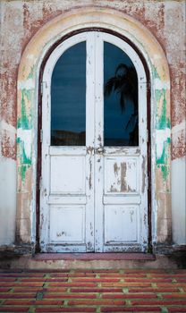 The ancient door. Made of wood and glass.