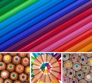 A vivid collage with various colored pencils such as yellow, orange, red, pink and blue.