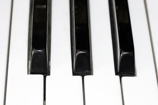 Closeup perspective view of a piano keyboard