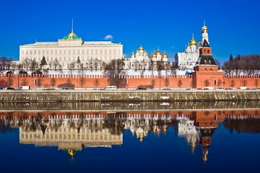 The red brick walls of famous Kremlin in Moscow with its churches
