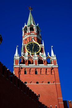 The famous Spasskaya tower with its ruby star, Moscow. Russia