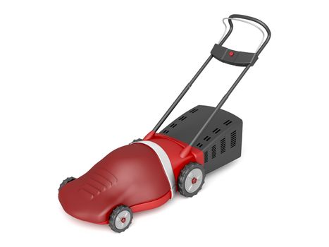 Red electric lawn mower on white background